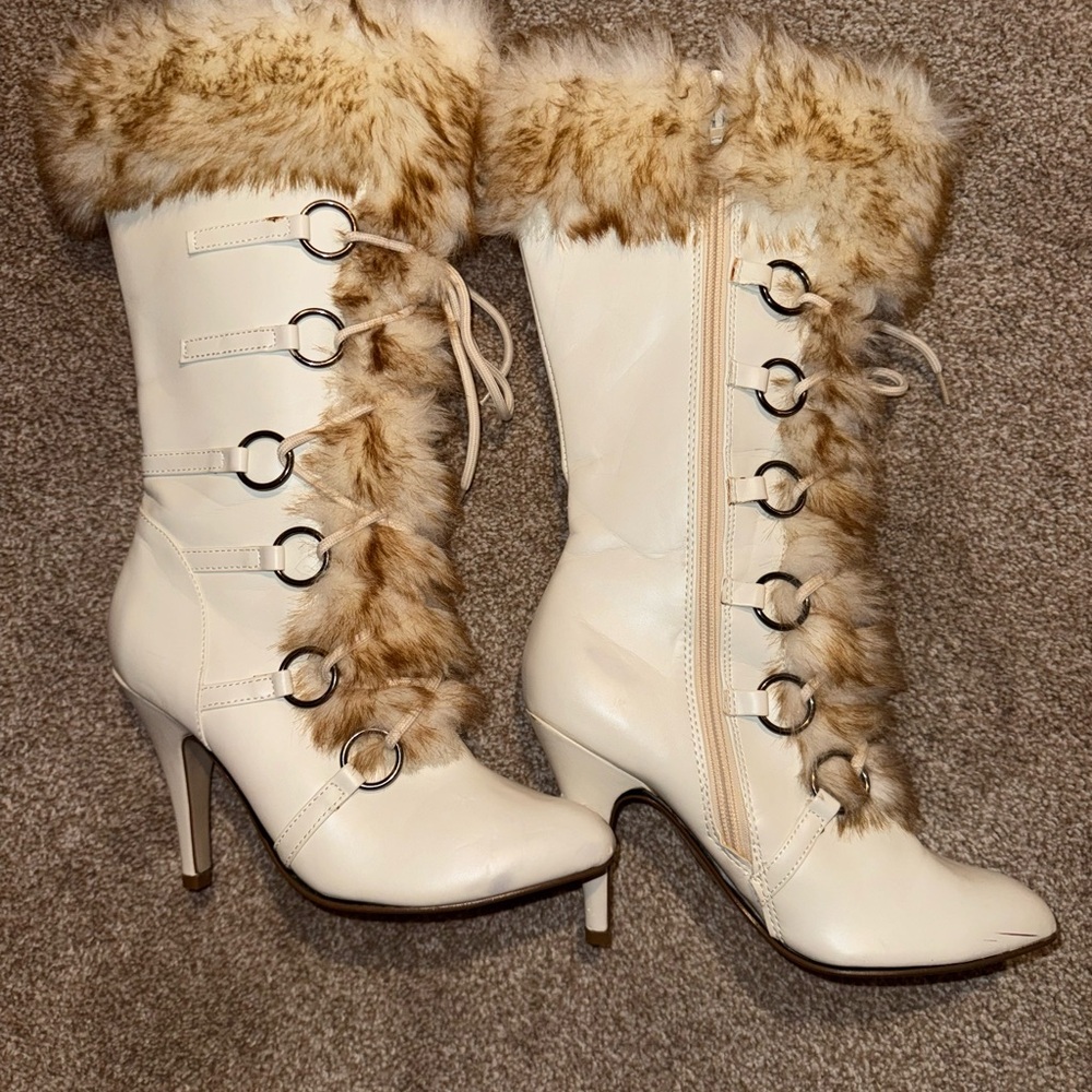 Vintage y2k Elegant Cream Fur-Trimmed Heeled Stiletto Boots